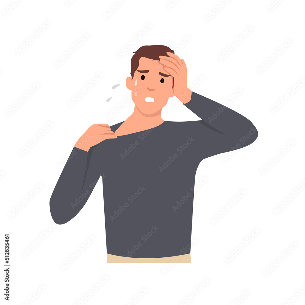 Young man exhausted holding her head with closed eyes being hotcartoon character . Flat vector illustration isolated on white background Young man exhausted holding her head with closed eyes being hotcartoon character . Flat vector illustration isolated on white background