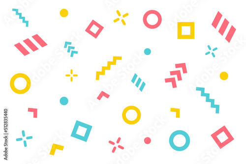 Geometric seamless pattern. Abstract background. The multi-colored pattern of squares, circles, triangles, rectangles, zigzags, dots, and sights. Vector wallpaper for kids.