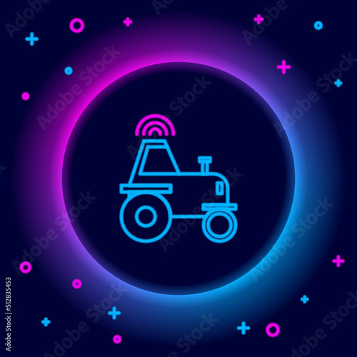 Glowing neon line Self driving wireless tractor on a smart farm icon isolated on black background. Smart agriculture implement element. Colorful outline concept. Vector