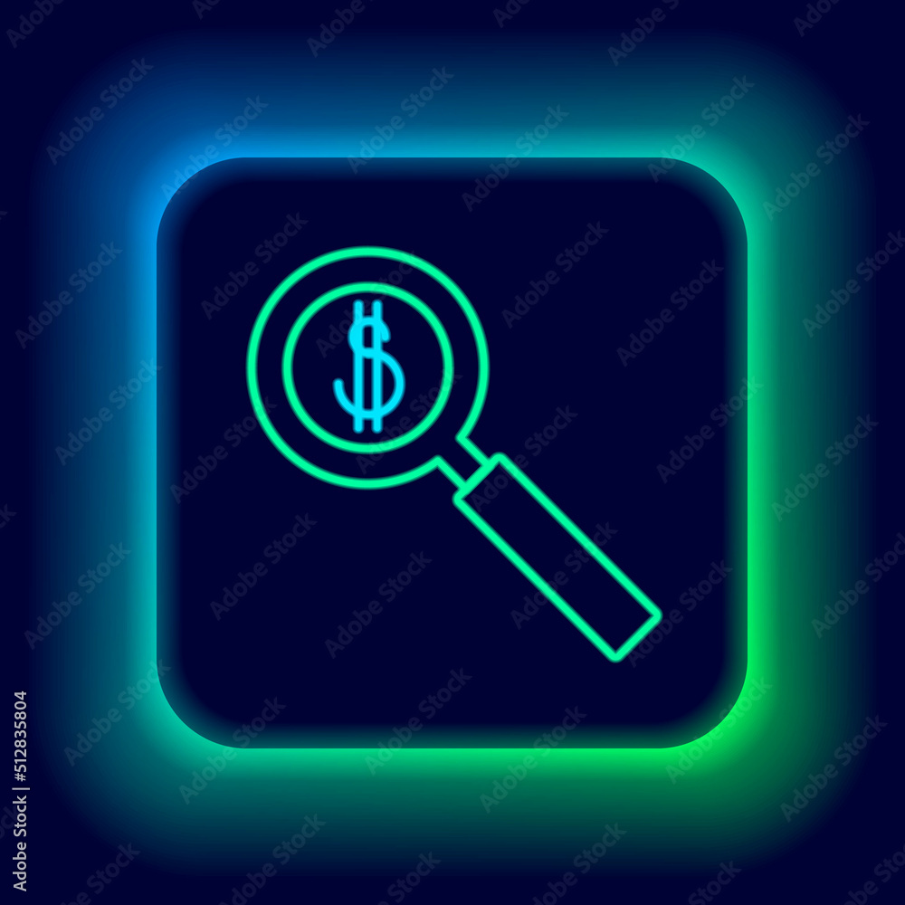Glowing neon line Magnifying glass and dollar symbol icon isolated on black background. Find money. Looking for money. Colorful outline concept. Vector Glowing neon line Magnifying glass and dollar symbol icon isolated on black background. Find money. Looking for money. Colorful outline concept. Vector