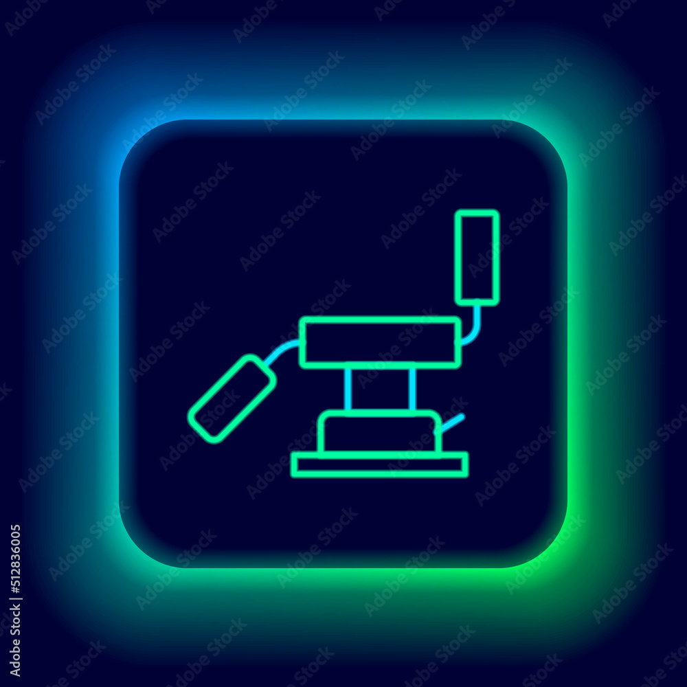 Glowing neon line Medical dental chair icon isolated on black background. Dentist chair. Colorful outline concept. Vector Glowing neon line Medical dental chair icon isolated on black background. Dentist chair. Colorful outline concept. Vector