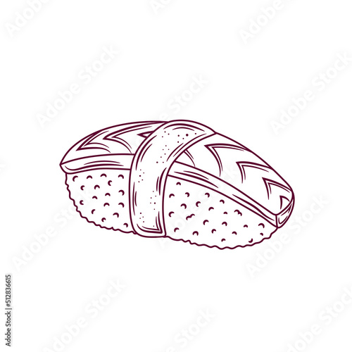 Anago sushi sketch. Japanese traditional food icon. Isolated hand drawn vector illustration.