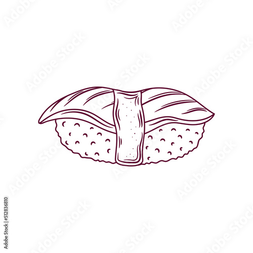 Maguro sushi outline. Japanese traditional food icon with tuna fish fillets. Isolated hand drawn seafood vector illustration.