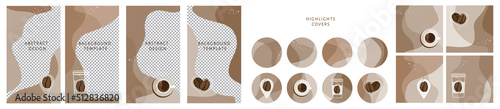 Bundle of round highlight stories covers. Vector layouts kit with coffee take away cup, coffee bean, map pointer, heart, liquid shapes, textures. Abstract trendy design for social media marketing ad
