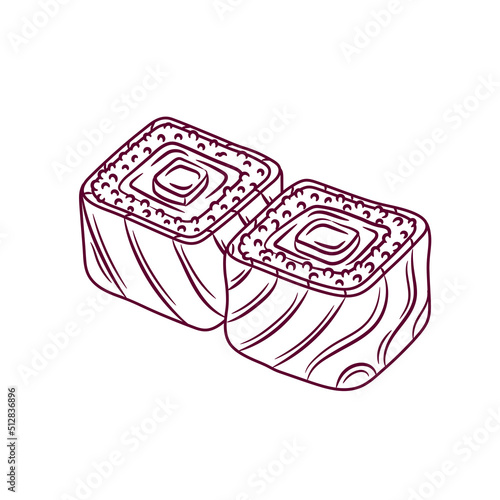 Philadelphia sushi roll in black and white sketch style vector illustration isolated on white background. Traditional japanese asian oriental food with salmon, rice, cheese.