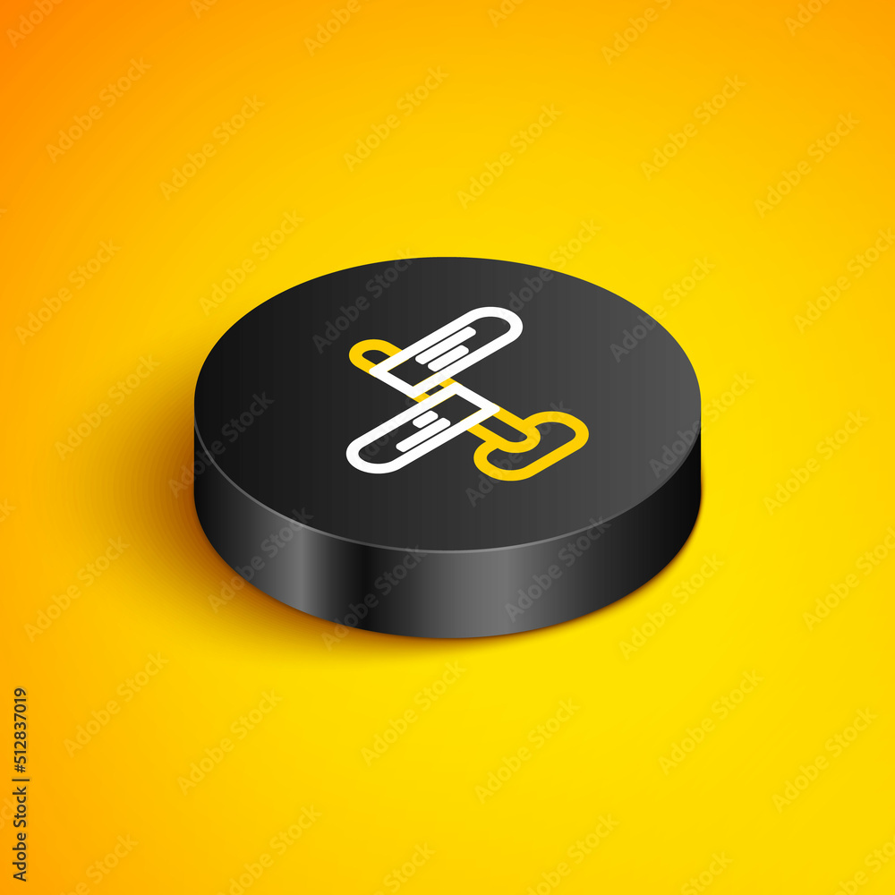 Isometric line Road traffic sign. Signpost icon isolated on yellow background. Pointer symbol. Isolated street information sign. Direction sign. Black circle button. Vector Isometric line Road traffic sign. Signpost icon isolated on yellow background. Pointer symbol. Isolated street information sign. Direction sign. Black circle button. Vector
