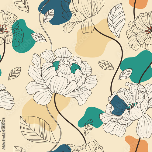 Vector seamless pattern with line graphic flowers, leaves with abstract shapes. Hand drawn illustration perfect for fabric design, textile decoration, wrapping paper, wallpaper, card.