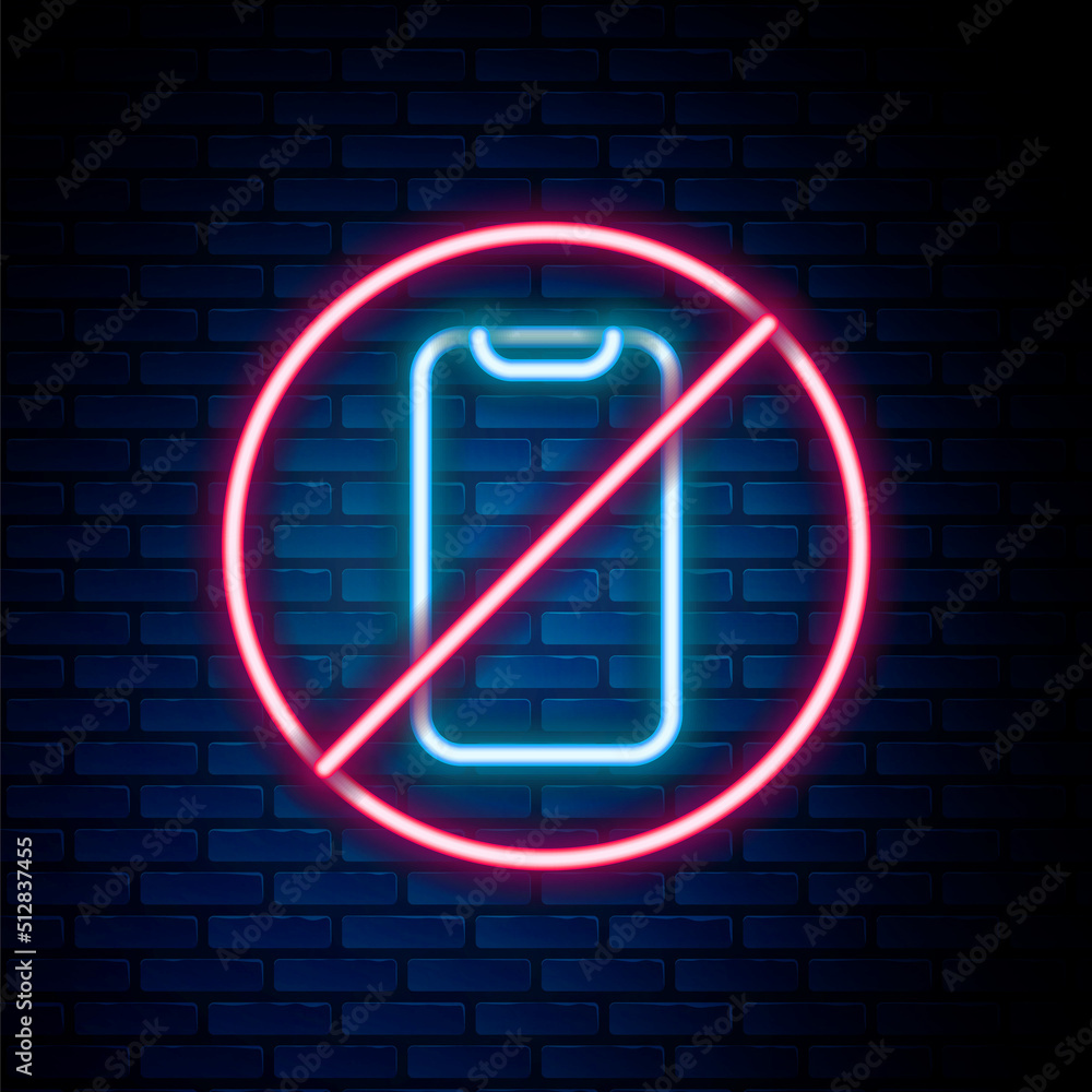Glowing neon line No cell phone icon isolated on brick wall background. No talking and calling sign. Cell prohibition. Colorful outline concept. Vector Glowing neon line No cell phone icon isolated on brick wall background. No talking and calling sign. Cell prohibition. Colorful outline concept. Vector