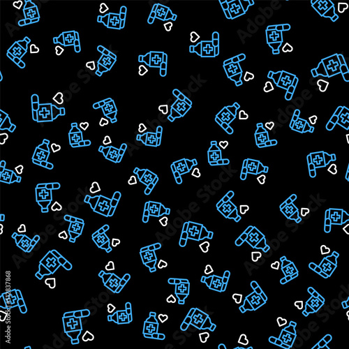 Line Medicine bottle and pills icon isolated seamless pattern on black background. Bottle pill sign. Pharmacy design. Vector
