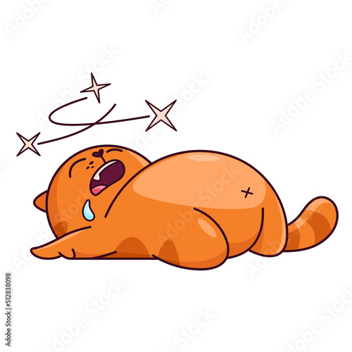 Cute red cat lies unconscious, the stars are above his head. Shows emotions, head spinning, shock, nerves. Cat character hand drawn style, sticker, emoji