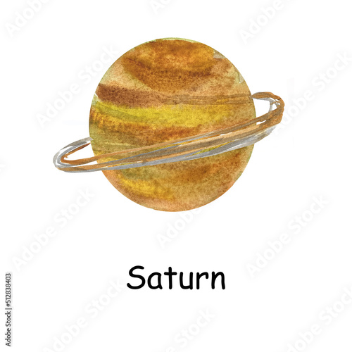 Watercolor illustration of a planet in the solar system. Watercolor planet Saturn.