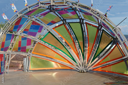 Fototapeta Naklejka Na Ścianę i Meble -  empty stage for the artists in summer city park. stage for open air festival, music event or rock concert. ..