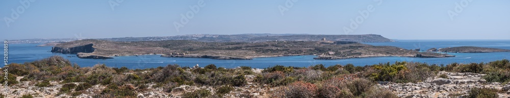 Panoramic view of the island of Comino and Malta