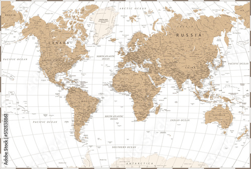 World Map - Vintage Political - Vector Detailed Illustration