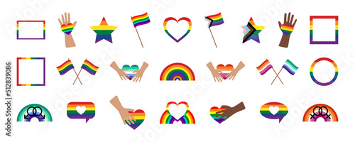 LGBT Pride Month illustrations LGBTQ community concept, stonewall anniversary June 28. Icons set for International LGBT Pride Day. Rainbow flags, decorative elements collection - IDAHOT concept.