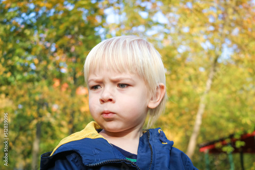 Young serious child walking outdoors in autumn park. Closeup of cute caucasian baby boy with thoughtful expression in blue eyes. Little blonde hair boy looking away with strong emotions, sad face