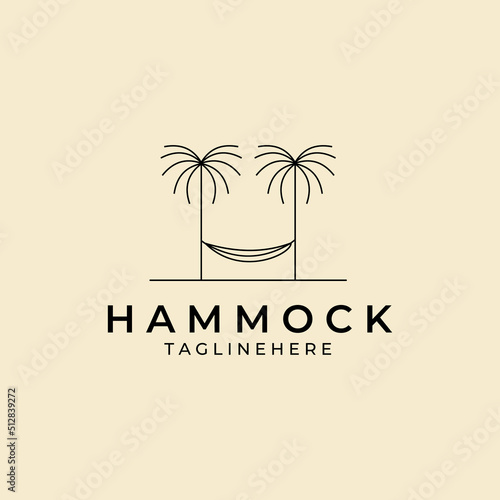 hammock line art logo vector design with outdoor palm trees