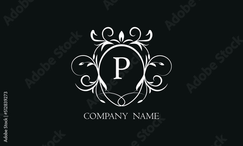 Elegant floral monogram with decorative elements and the letter P. Template for invitations, labels, business. Wedding monograms. Exquisite calligraphic ornament.