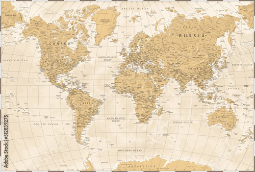 World Map - Beige Golden Vintage Political - Vector Detailed Illustration
