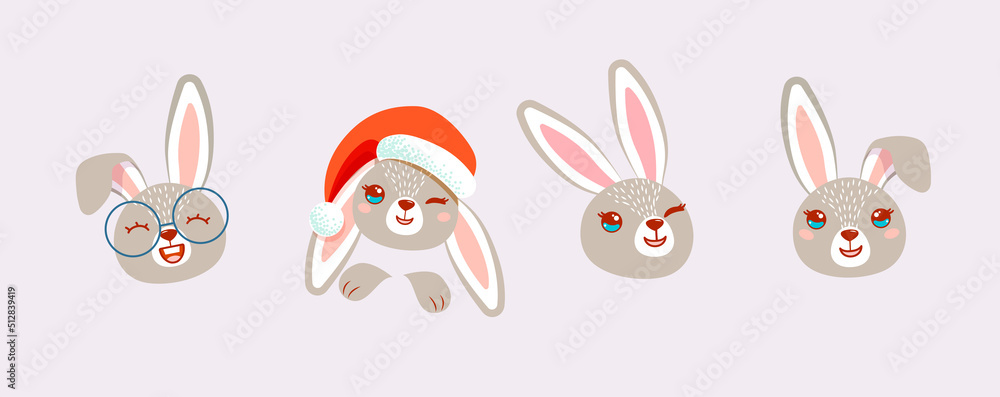 Set of cute rabbits. Funny doodle animals. Little bunny in cartoon style. Vector illustration Set of cute rabbits. Funny doodle animals. Little bunny in cartoon style. Vector illustration
