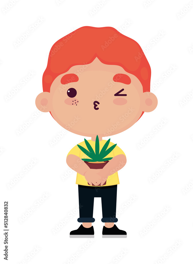 kawaii boy with plant