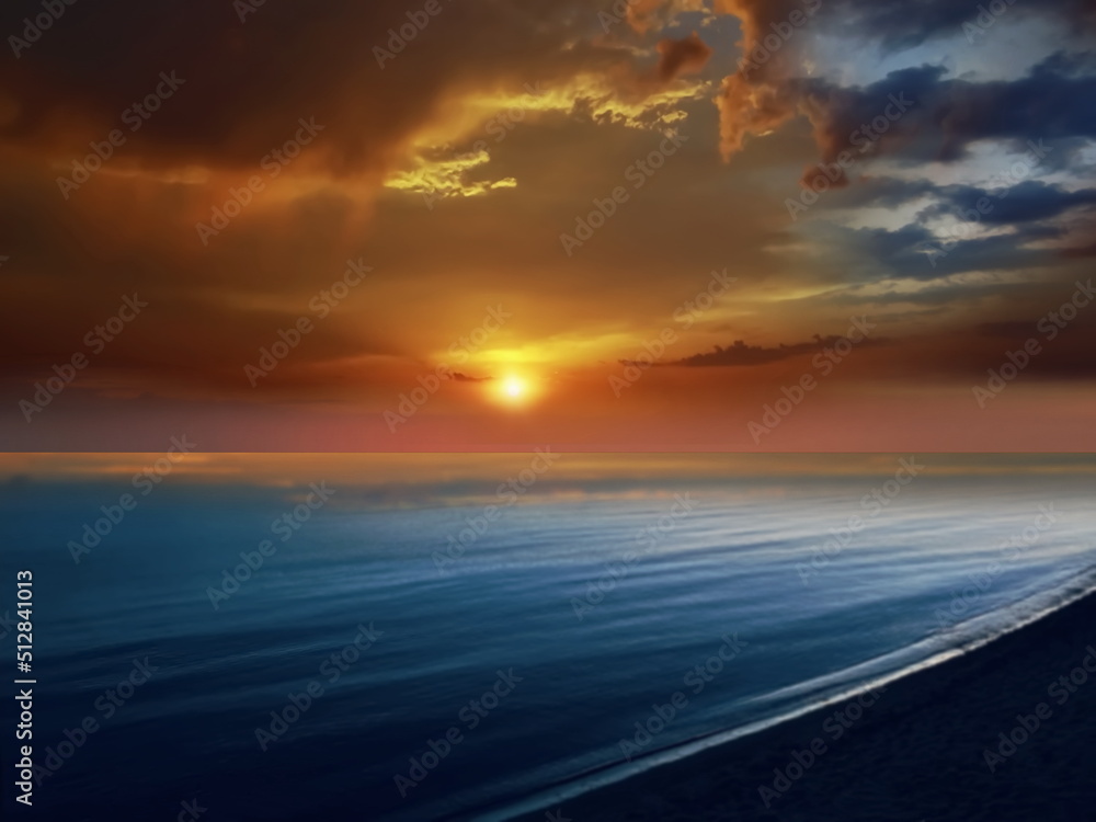 blue night  sky and sea water dramatic clouds on orange gold sunset nature landscape weather forecast 