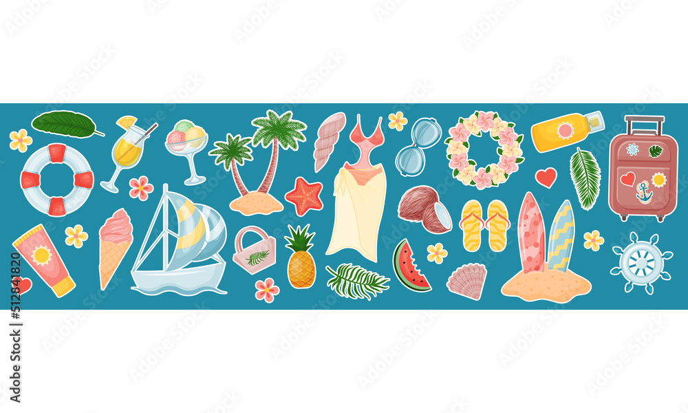 Cute summer banner with many elements.. Horizontal flyer. Top of site