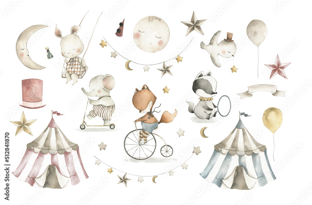 Circus watercolor nursery baby illustration woodland animals Stock ...