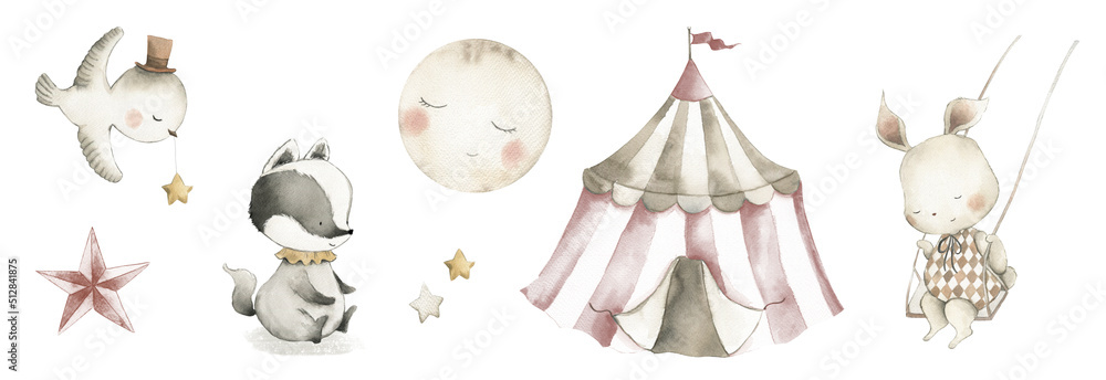 Circus watercolor nursery baby illustration animals Stock Illustration ...