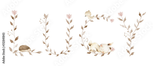 Εκτύπωση καμβά Alphabet watercolor letter custom initial baby name woodland leaf