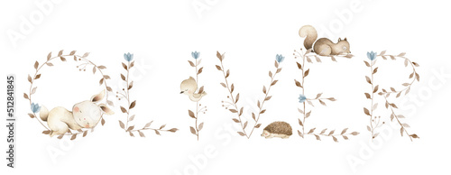 Konstfotografi Alphabet watercolor letter custom initial baby name woodland leaf