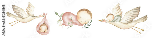 Wallpaper Mural Baby watercolor illustration stork newborn girl boy