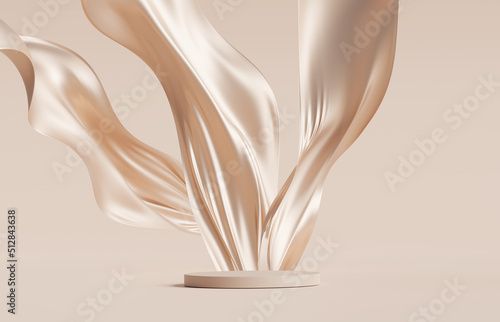Fotografering 3D display podium, beige background with pedestal and flying nude color silk cloth curtain