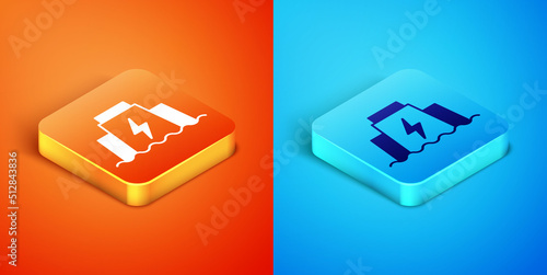 Isometric Hydroelectric dam icon isolated on orange and blue background. Water energy plant. Hydropower. Hydroelectricity. Vector