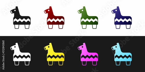 Set Pinata icon isolated on black and white background. Mexican traditional birthday toy. Vector