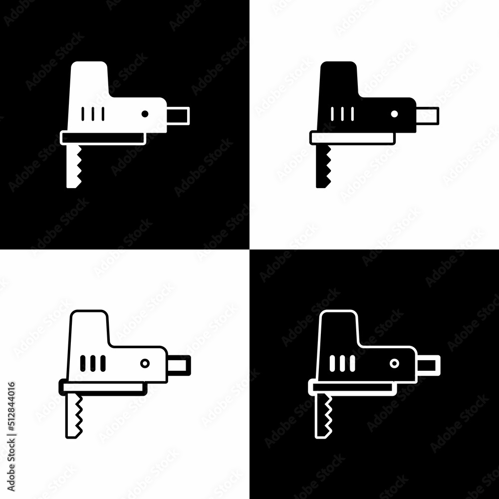 Set Electric jigsaw with steel sharp blade icon isolated on black and white background. Power tool for woodwork. Vector Set Electric jigsaw with steel sharp blade icon isolated on black and white background. Power tool for woodwork. Vector