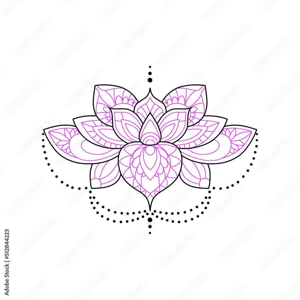 Lotus flower decorative vector. Tattoo lotus flower vector design, Indian ornamental pattern, Yoga or zen decoration, bohemian greeting card. Beautiful lotus pattern inspired by traditional