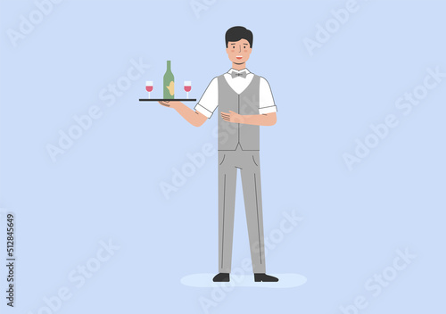 Concept Of Service In Restaurant. Male Character At Workplace. Man Waiter Is Holding Tray With Vine Glasses. Waiter Prepared an Order of Alcohol For the Customer. Cartoon Flat Vector Illustration