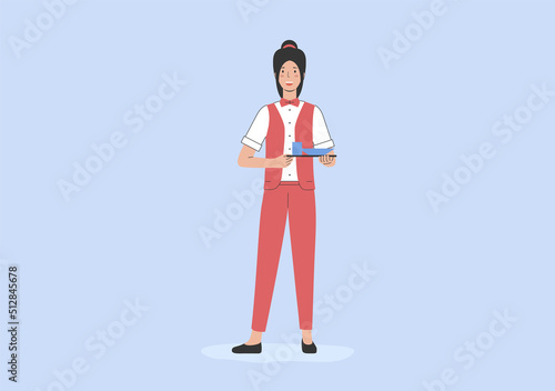 Concept Of Service In Restaurant. Female Character At Workplace. Woman Waiter Is Holding Tray With Order. Waiter Prepared an Order of Tasty Dishes For the Customer. Cartoon Flat Vector Illustration
