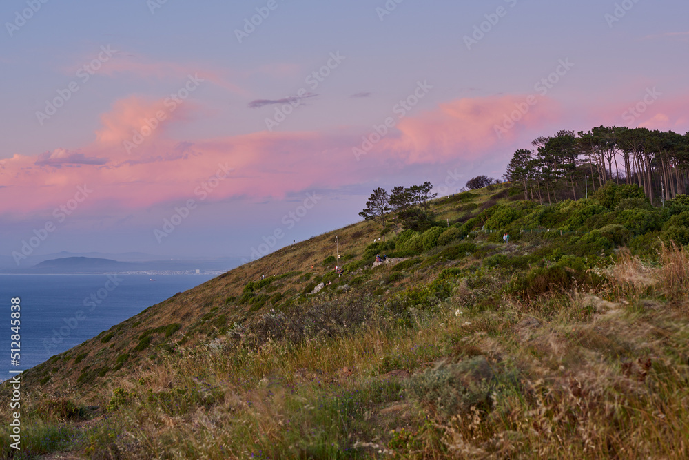 View from Signal Hill at sunset. Panorama of Lions Head in Cape Town at dawn. Peaceful nature scene of grassy hill by the ocean against a blue sky in South Africa. Landscape of a lush mountainside View from Signal Hill at sunset. Panorama of Lions Head in Cape Town at dawn. Peaceful nature scene of grassy hill by the ocean against a blue sky in South Africa. Landscape of a lush mountainside
