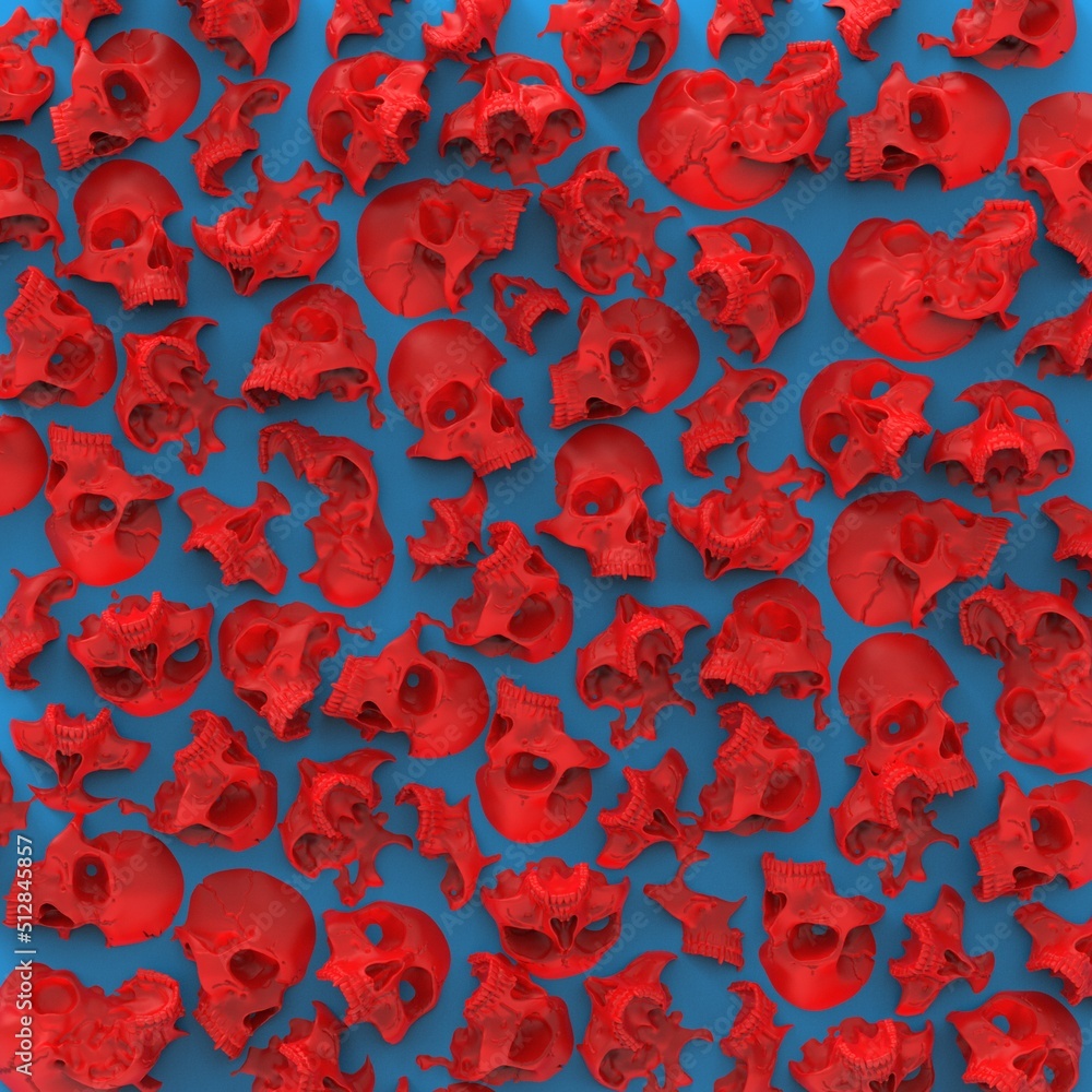 Illustration of a mass of red plastic-like skulls buried in blue background.
