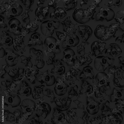 Illustration of a mass of black skulls buried in black background.