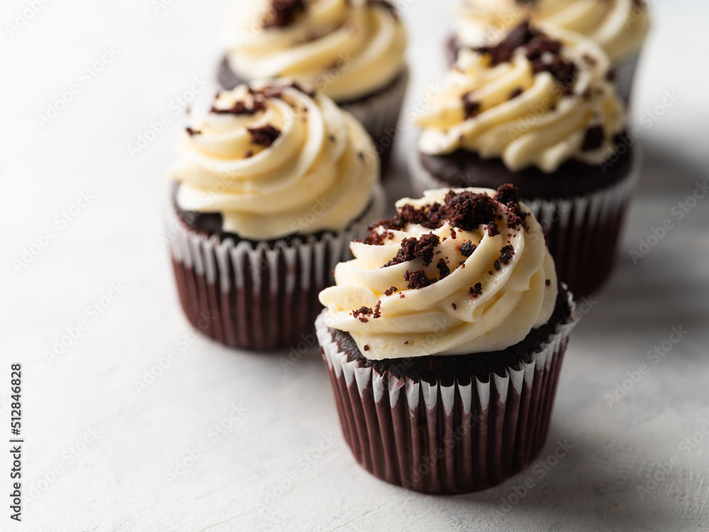 Appetizing chocolate cupcakes with cream and chocolate chips on a white background. There are no people in the photo. Sweet food. Delicious dessert. Banner, advertising. Appetizing chocolate cupcakes with cream and chocolate chips on a white background. There are no people in the photo. Sweet food. Delicious dessert. Banner, advertising.