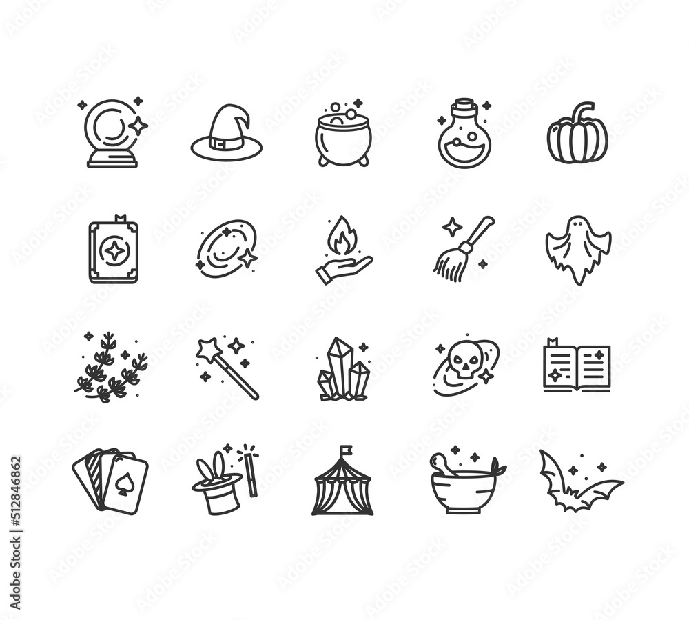 Magic Witch Halloween Signs Thin Line Icons Set. Vector