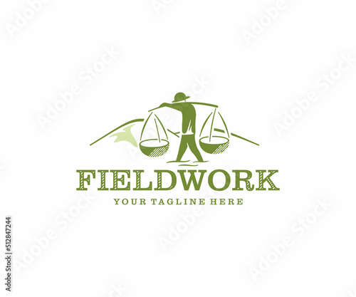 Fieldwork in countryside logo design. Farmer working in paddy field vector design.  Farmer on the rice field, planting rice in the farm logotype