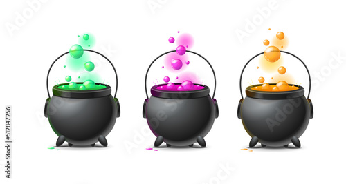 Realistic Detailed 3d Color Witch Cauldron Set. Vector