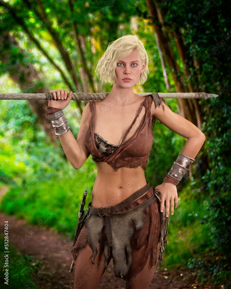 Beautiful fantasy barbarian woman standing on a woodland path holding a spear. 3D rendering.