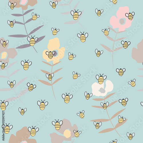 Seamless pattern with bees on floral background. Small wasp. Vector illustration. Adorable cartoon character. Template design for invitation, cards, textile, fabric. Doodle style