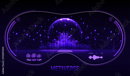 Metaverse city future concept. View from vr glasses on concept of virtual digital reality. Simulation of network futuristic world. Future digital technology metaverse. 3d vector illustration. photo