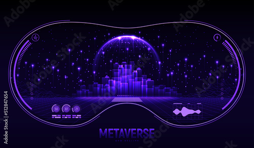 Metaverse city future concept. View from vr glasses on concept of virtual digital reality. Simulation of network futuristic world. Future digital technology metaverse. 3d vector illustration.